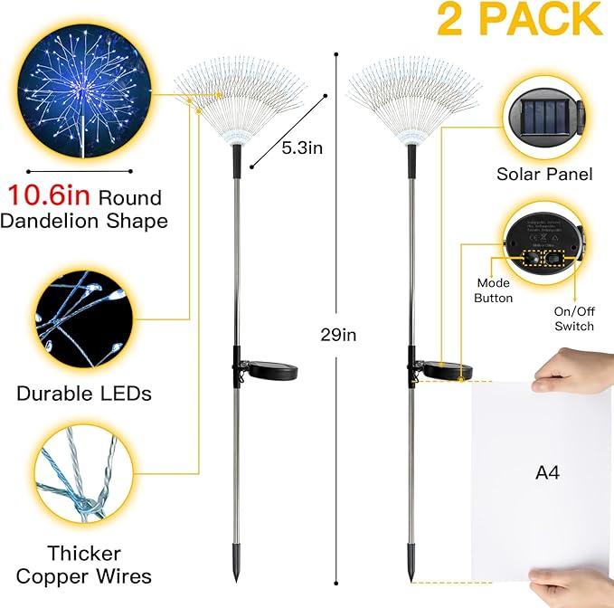 suddus Solar Garden Lights Outdoor Waterproof Decorative 2Pack 150LED Firework Lights Solar Fairy Lights for Yard Garden Party Patio Pathway Flowerbed - Blue