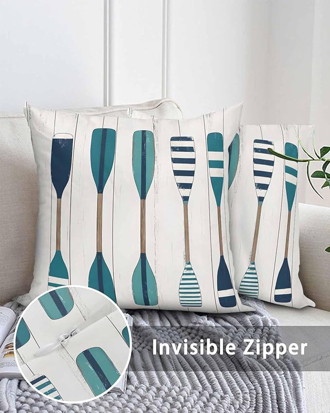 Outdoor Pillows Waterproof Striped Lake Paddles Bedding Throw Pillows with Insert for Couch Sofa Bed Summer Watercolor Vintage Wood Grain 18x18 Inch Camping Patio Pillow Set of 2