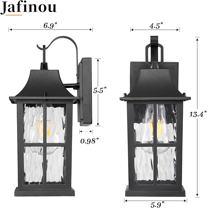 Outdoor Light Fixture IP44 Waterproof Rustproof Porch LightAluminum &amp Water Pattern Glass Exterior Sconce13-inch Black Outdoor Sconce Lights for Front Door Garage Patio (UL-Certified)
