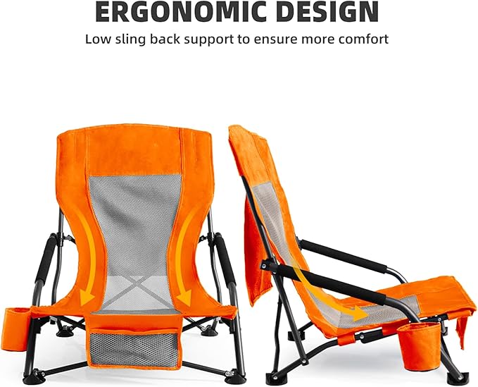 Outdoor Beach Chair for Adults Set of 2 PCS Portable Lightweight Low Back Sling Chair with Cup Holder 300lbs Capacity Camping Chair for Patio Lawn Concert Travel (Orange)