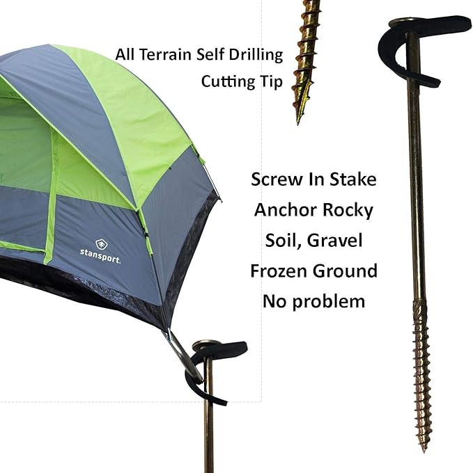 Keyfit Tools All Terrain Tent Stake (8 Pack) Screw in Tent Stake Ground Anchor with Secura Strap for Extreme Winds Secure Tarps Fish Houses Hunting Ground Blinds Camping Tent