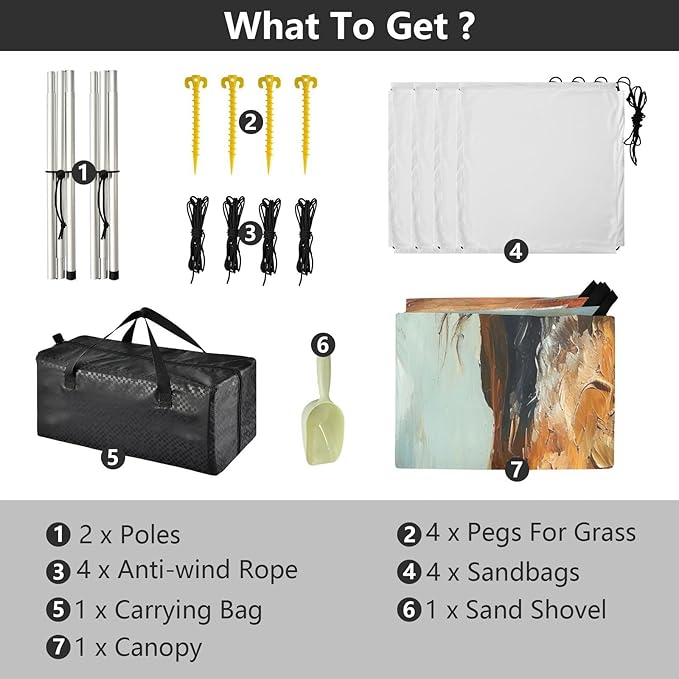 Oil Painting Horse Beach Tent Sun Shelter 9.2' x 10.5' Beach Canopy with 4 Sandbags 4 Stability Poles Sand Shovels - Tent Canopy for Beach Camping Fishing Picnics