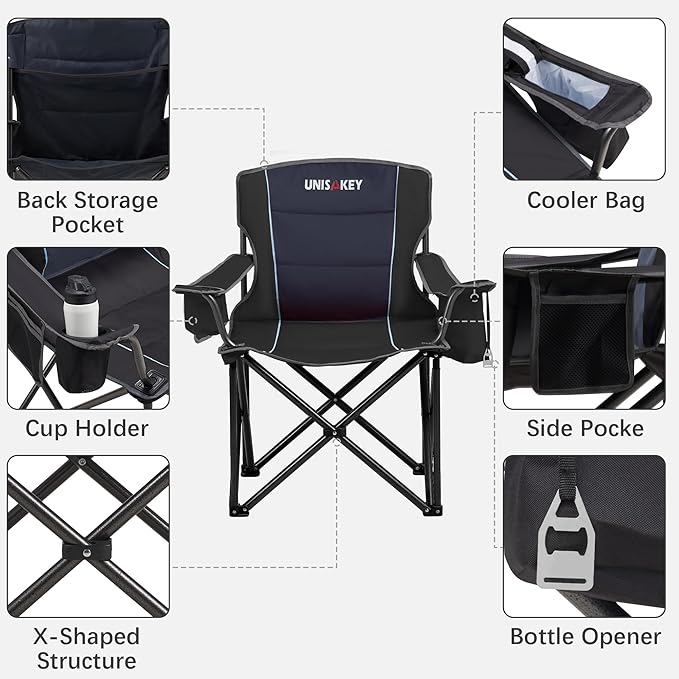 Oversized Folding Camping Chair for Adults - 450lbs Support - Heavy Duty Portable Lawn Chairs with Side Pocket Cup Holder Cooler Bag for Sports Garden Beach Fishing Black