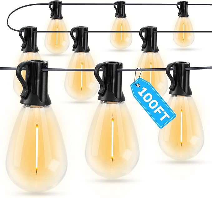 LED Outdoor String Lights 100FT Waterproof Patio Lights with 32 Shatterproof S11 Plastic Bulbs 2700K Warm White Edison Hanging Lights for Backyard Garden Porch Bistro