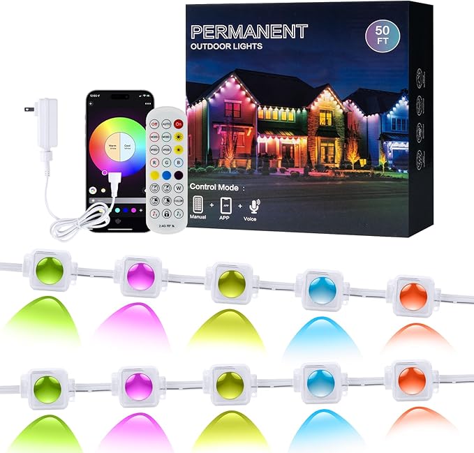 Permanent Outdoor Lights APP Control 50ft 30 LED Smart RGB+IC Warm/Cool White House Eave Light for Halloween Christmas Alexa Google Support Timing with Remote Controller