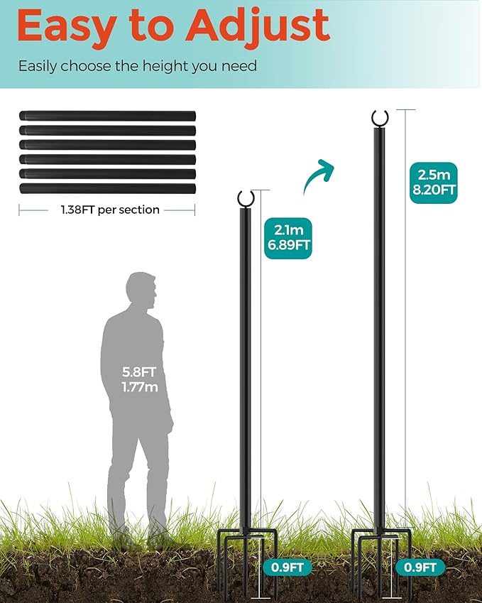 LAND·VOI 2 Pack String Light Poles 9FT Heavy Duty Metal Light Poles for Outside String Lights Outdoor Light Poles with 5 Prong Fork Lighting Stand for Patio Backyard Garden Deck Black FLP12B