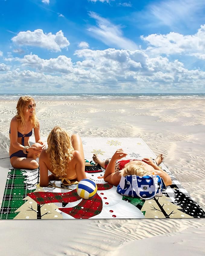 Beach Blanket Waterproof Sandproof Christmas Tree Cute Snowman Quick Drying Beach Mat with 4 Stakes Winter Snowflake on Linen Lightweight Picnic Blanket for Travel Camping Outdoor 118x108