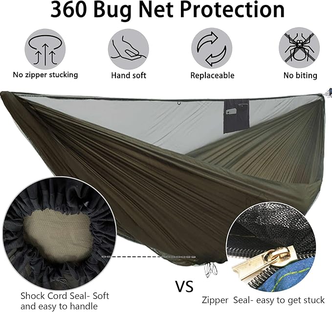 OneWind 11ft Portable Camping Hammock with Mosquito Net Adjustable Ridgeline Double Hammock with 2*12Ft Tree Straps Coyote Brown