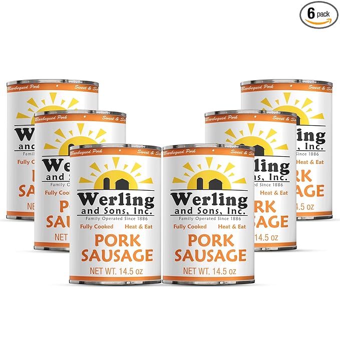 Werling &amp Sons Pork Sausage 14.5 oz – Fully Cooked Premium Canned Meat | Heat &amp Eat | 5-Year Shelf Life | Pantry Staple for Quick Meals Emergency Storage Camping &amp Everyday Use | Made in