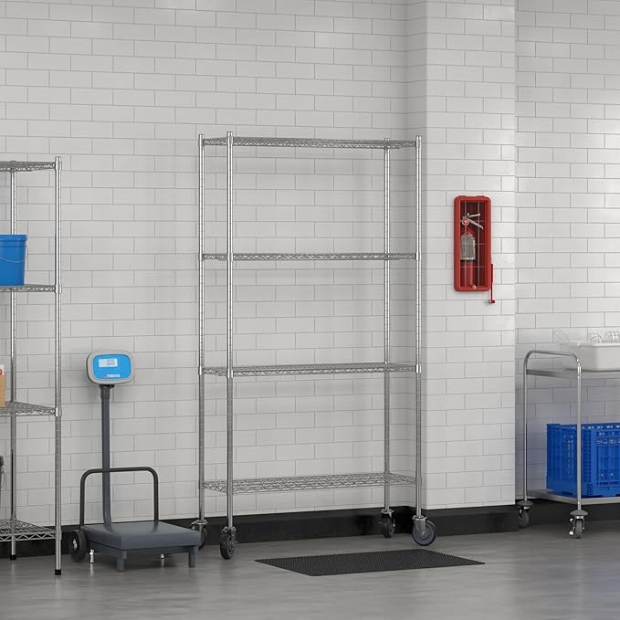 Commercial NSF Listed Chrome Mobile Wire Shelving Kit 14 x 42 x 80 with 4 Shelves Perfect for Warehouse Walk-in Refrigerator Freezer Grocery Store Restaurant Dishroom