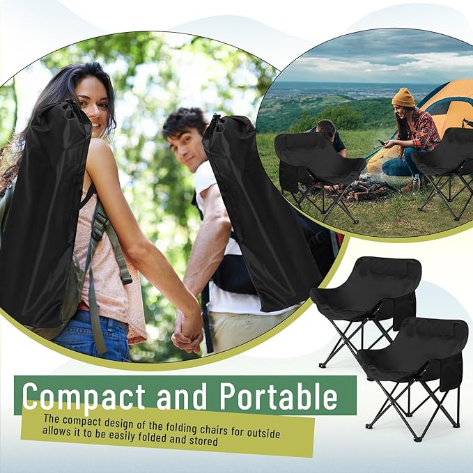 2 Pack Compact Camping Chairs Portable Folding for Outside with Carry Bag Lightweight Moon Chairs for Travel Picnic Hiking Beach Fishing 600D Oxford Supports 330lbs(Black)
