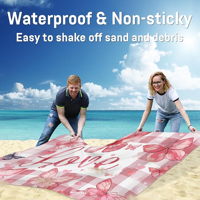 Waterproof Sandproof Beach Blanket 59''×68'' Love Butterfly Polyester Outdoor Picnic Blanket with 4 Stakes &amp Storage Bag for BeachCampingVacation Banana Red
