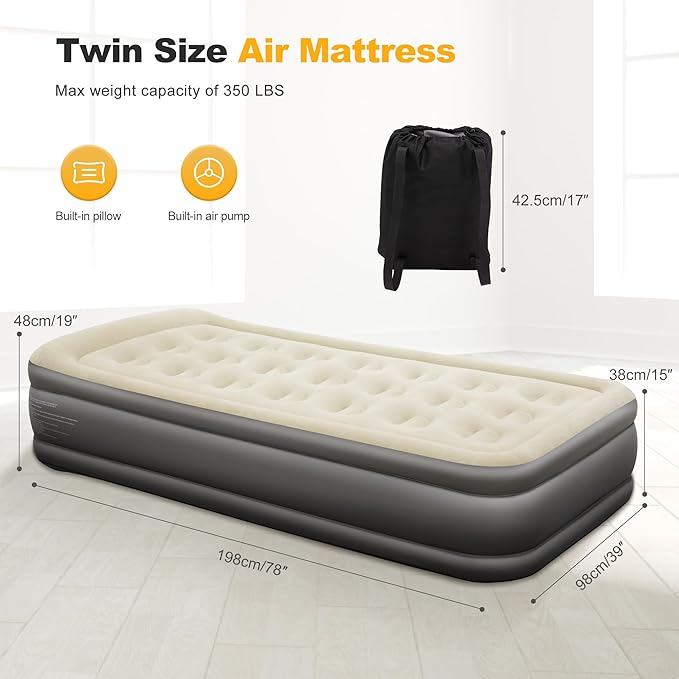 LET'S CAMP Air Mattress Camping Airbed with Electric Pump 19 Twin Inflatable 2 Minutes Quick Self-Inflation Waterproof PVC Fabric Portable for CampingTravel Home Sleeping Outdoor Guests RV