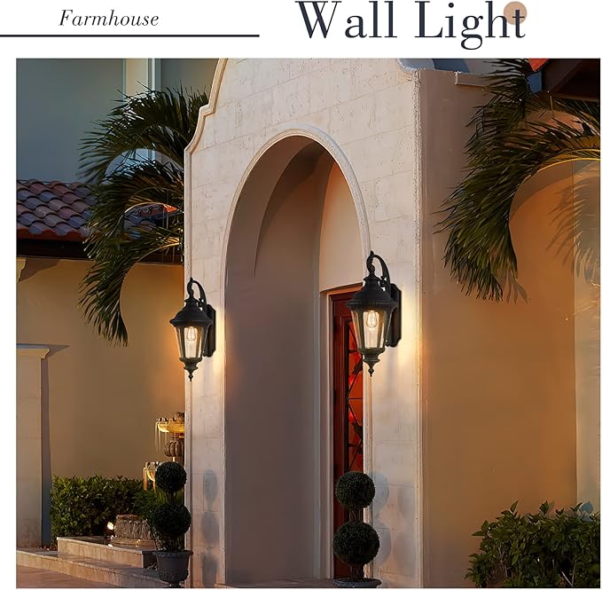 Emliviar Farmhouse Outdoor Light Fixtures Wall Mount 28.4 Inch Large Outside Lamp for Porch Outdoor Carriage Light with Seeded Glass Black Finish XE265B BK