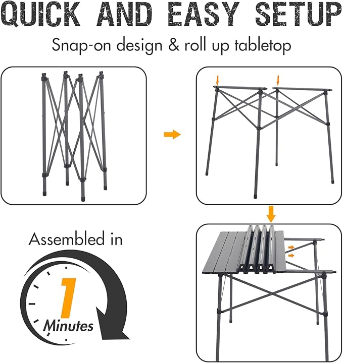 Portal Lightweight Aluminum Folding Square Table Roll Up Top 4 People Compact Table with Carry Bag for Camping Picnic Backyards BBQ Dark Gray
