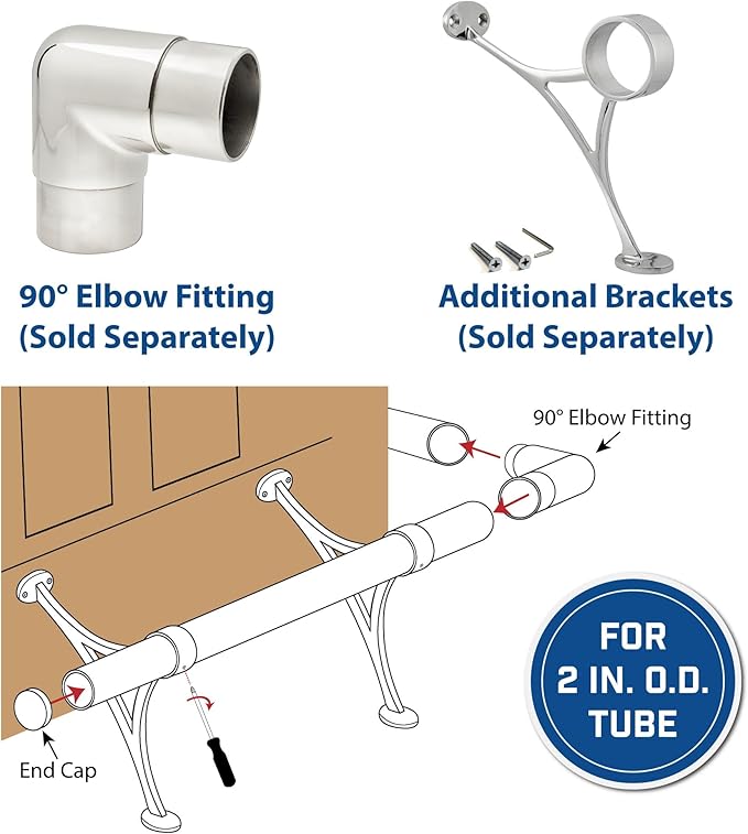 Outwater 2 Diameter x 5' Bar Foot Rail Kit – Complete Undercounter Mount Hardware and Tubing Dome End Cap Polished Chrome Finish