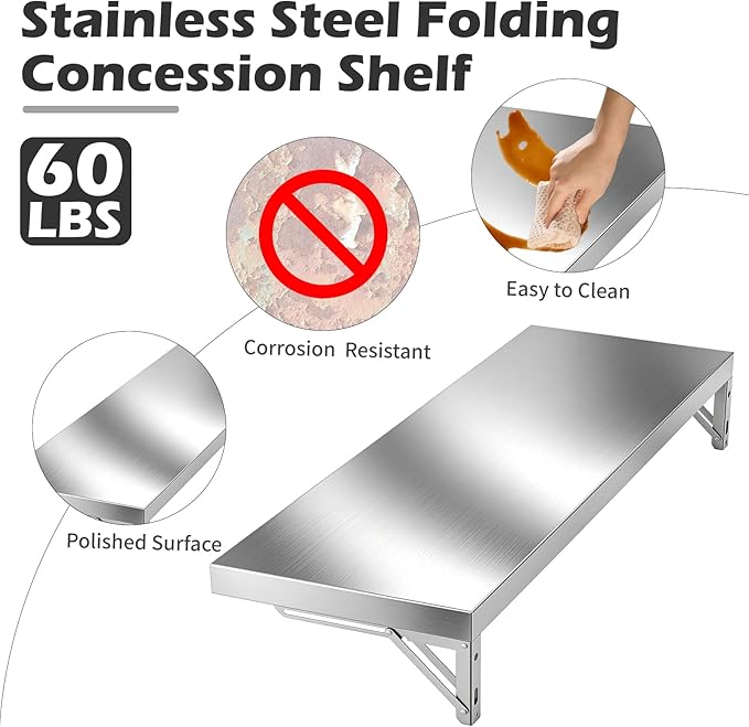 48 x 12 Folding Concession Shelf – Stainless Steel Drop Down Concession Serving Window for Food Trucks | Versatile &amp Space-Saving Folding Food Shelf for Concession Windows Restaurant