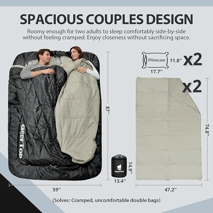 GEERTOP Double Camping Sleeping Bag with Blanket Queen Size Two Person Sleeping Bag for Adults Couples or Family Outdoor Backpacking Travel