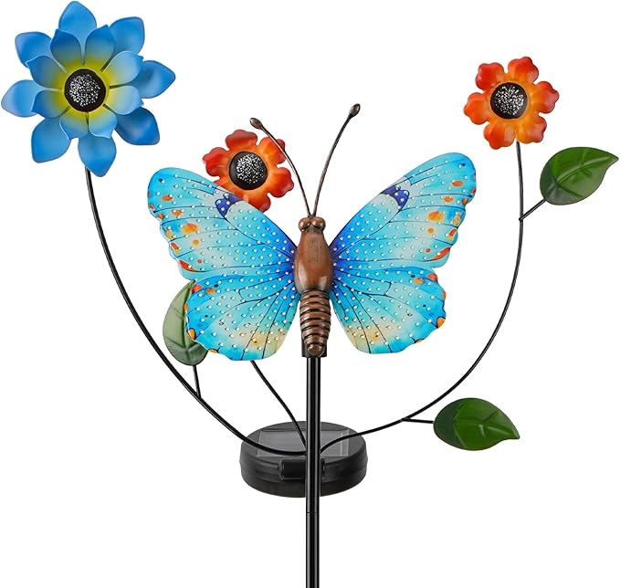 Solar Butterfly Garden Lights 2 Lighting Modes Colorful LED with Flower &amp Butterfly Decor Waterproof Solar Stake Lights for Garden Yard Patio Lawn Pathway (Blue)