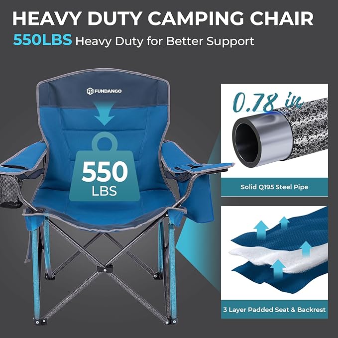 FUNDANGO Oversized Camping Chairs for Adults Heavy Duty Fold Up Sports Games Lawn Chairs Extra Wide Big Man Outdoor Chairs with Padded Lumbar Support Backrest Bag Included for Camp Beach 2 Pack