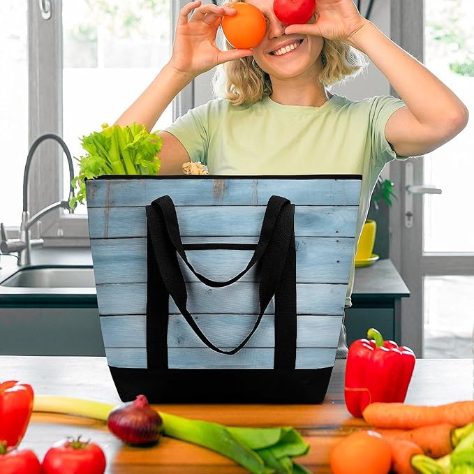 Insulated Shopping BagLarge Reusable Cooler Bags Blue Wood Printed Foldable Shopping BagTravel Waterproof Shoulder Bag