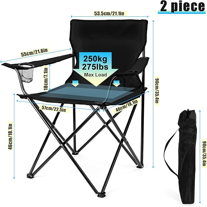 HaSteeL Foldable Camping Chair Set of 2 Folding Camp Chairs for Adults Large Portable Lawn Chair for Outdoors Fishing Hiking Travel Picnic Beach Supports 275lbs &amp Include Storage Bags (Blac