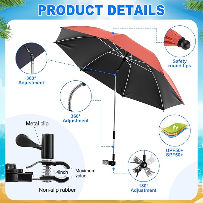 2 Set Reclining Camping Chair with Umbrella Clamp Adjustable Beach Chair with Foot Rest SPF 50+ Folding Shade Camping Lounger Recliner for Adult Outdoor(OrangeGreenOxford)
