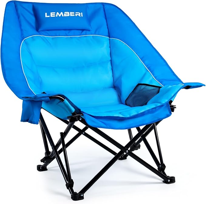 Outdoor Oversized Camping Chair Heavy Duty Support 500 LBS for Adults Portable Folding Wide Lawn Chair with Headrest Support and Cup Holder Low Camping Chair for Fishing Garden Blue