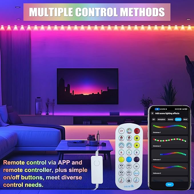 Permanent Outdoor Lights ASTRAEA 100ft RGBW Smart Eaves Lights with APP &amp Remote Control IP67 Waterproof LED Roof Lighting DIY Scenes Modes for House Roof Decor Christmas Party Holiday and D