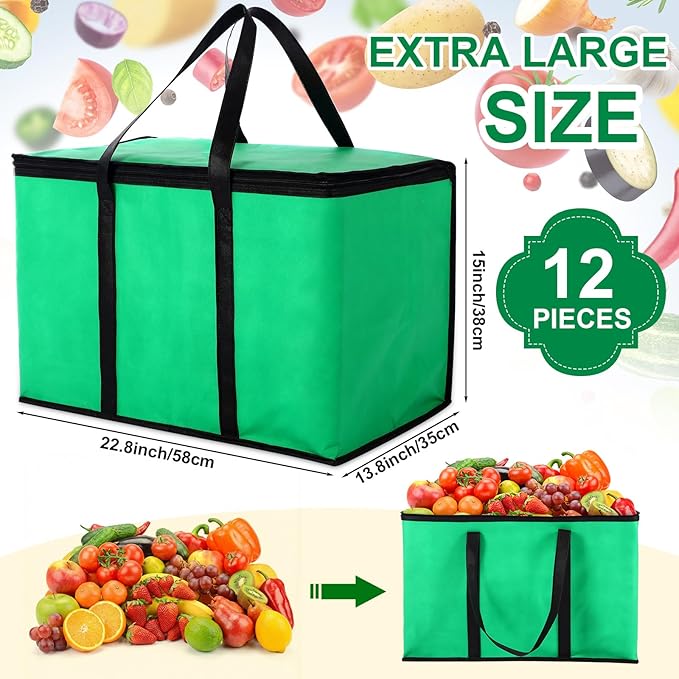 12 Pcs Large Insulated Food Delivery Bag Bulk XXXL Reusable Grocery Bags Foldable Catering Insulated Cooler Bag with Sturdy Handles for Takeout Shopping Camping Warmer/frozen(Green)