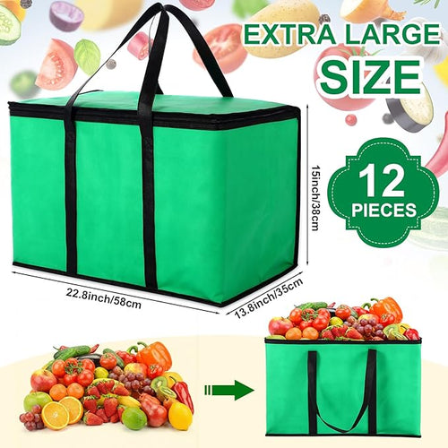 12 Pcs Large Insulated Food Delivery Bag Bulk XXXL Reusable Grocery Bags Foldable Catering Insulated Cooler Bag with Sturdy Handles for Takeout Shopping Camping Warmer/frozen(Green)