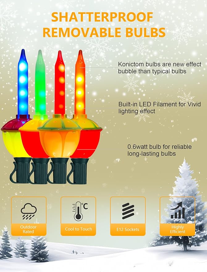 15.5FT Vintage Multicolor LED Bubble Lights for Christmas TreeRetro Bubbling Christmas Lights Liquid-Free Energy Saving Design Connectable Up to 48 Strands UL Certified Indoor Outdoor Decor