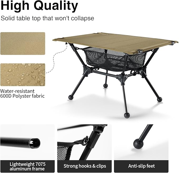 ONETIGRIS Dipper Camping Table Lightweight Portable Folding Table with Mesh Storage Net High/Low Options Ideal for Camping Hiking Tailgating Beach Picnic Travel Backyard