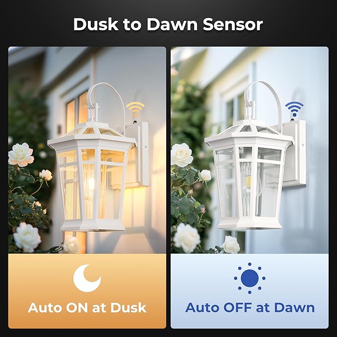 VIANIS Large Dusk to Dawn Outdoor Wall Lights White Exterior Wall Light 100%Aluminum Waterproof Front Door Light Fixture Outdoor Modern Outside Garage Lights Fixtures with Tempered Glass for House