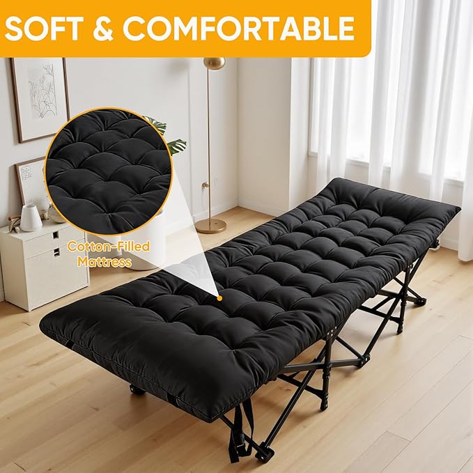 Northroad Camping Cot with Thick MattressQuick Set-Up Sleeping Cots with Side Pocket for Outdoor Camping Office Nap Home Garden Beach Travel Black