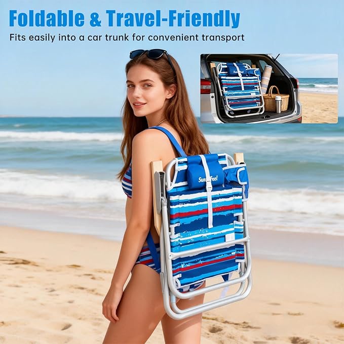 SUNNYFEEL Folding Beach Chair Aluminum Heavy Duty Beach Chair with 5-Position Portable Camping Chair for Adult Low Back Wood Armrest Lightweight 300lbs Blue Stripe 2 Pack