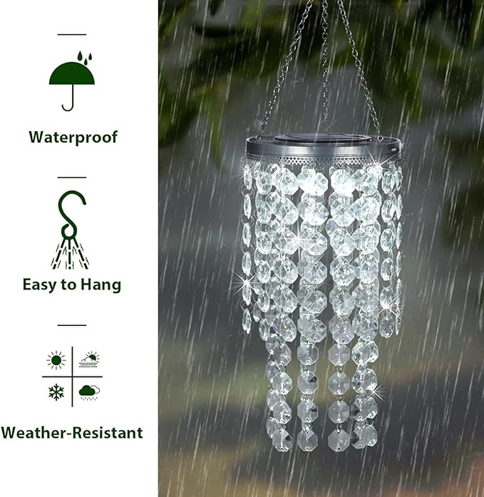 Hanging Solar Crystal Chandelier Outdoor 21” Modern Solar Transparent Acrylic Beaded Lantern with Cool White LED S Hooks for Garden Yard Patio Gazebo Outside Decor