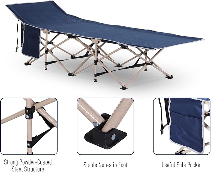 Outsunny Folding Camping Cot for Adults with Carry Bag Side Pocket Outdoor Portable Sleeping Bed for Travel Camp Vacation 330 lbs. Capacity Blue