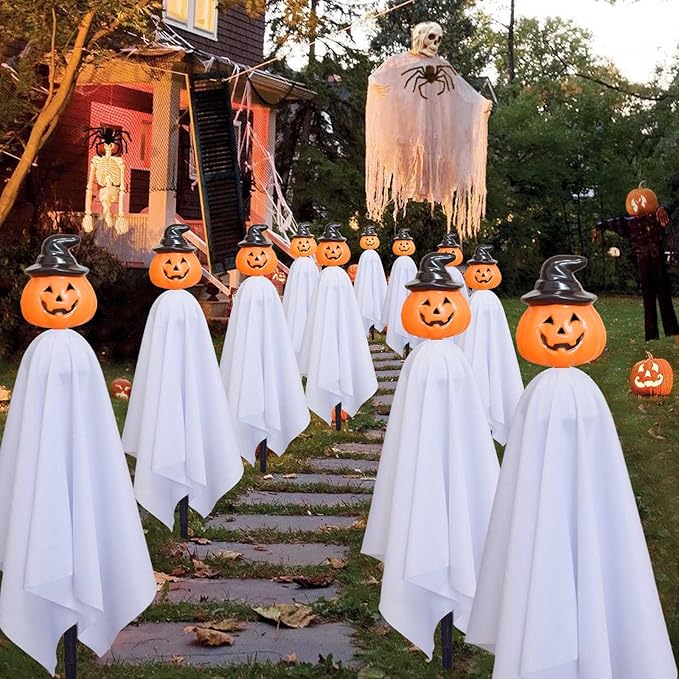 Homeleo Set of 4 Solar Pumpkin Ghost Lights for Halloween Decorations Outdoor Light up Floating Scary Ghosts Pumpkins Witch Hat Stake Lights for Porch Yard Outside Pathway Halloween Party Decor