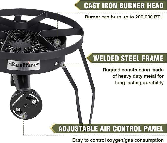 Bestfire 16 Single Propane Burner Camping Stove with 4 Feet High Pressure 0-20 PSI Gas Burner Adjustable Hose 200000 BTU for Frying Camping Home Brewing and Turkey Frying