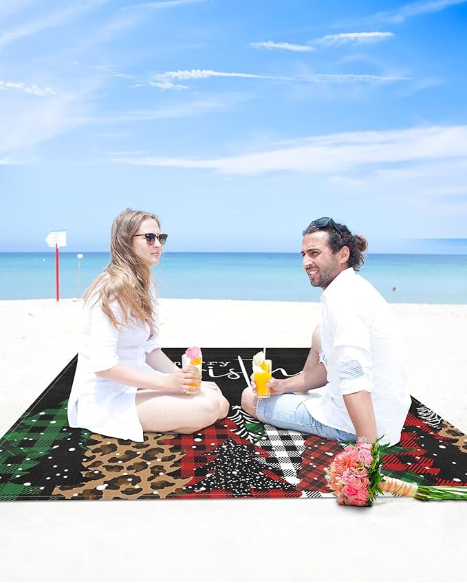 Beach Blanket Waterproof Sandproof Merry Christmas Leopard Xmas Tree Quick Drying Beach Mat with 4 Stakes Red Black Buffalo Plaid Lightweight Picnic Blanket for Travel Camping Outdoor 95x80