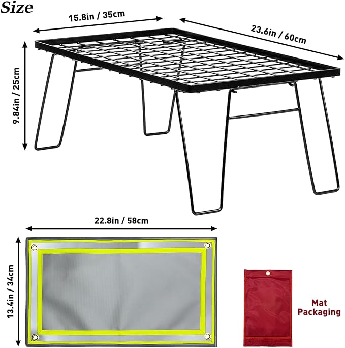 Wood Stove Table for Camping Tent Stove Table Folding Stove Base with Mat Portable Steel (23.6''×13.8'')