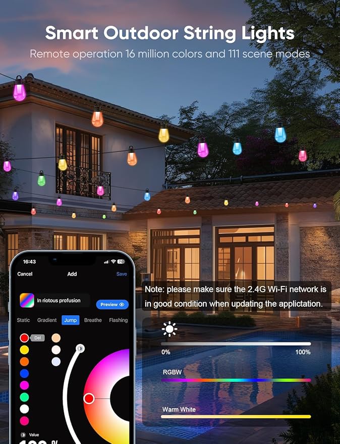 APPECK Outdoor String Lights 50ft Smart RGBW Outdoor Patio Lights with 15 LED Bulbs Extendable 111 Scene Modes IP65 Waterproof Lighting for Outside Dimmable Warm White Compatible with Alexa