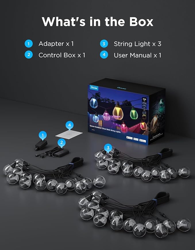 Govee Clear Bulb Outdoor String Lights 144ft RGBWIC Smart Outdoor Lights with 45 Dimmable LED Bulbs 111 Scene Modes IP67 Waterproof &amp Shatterproof Works with Alexa Google &amp Matter for Pat