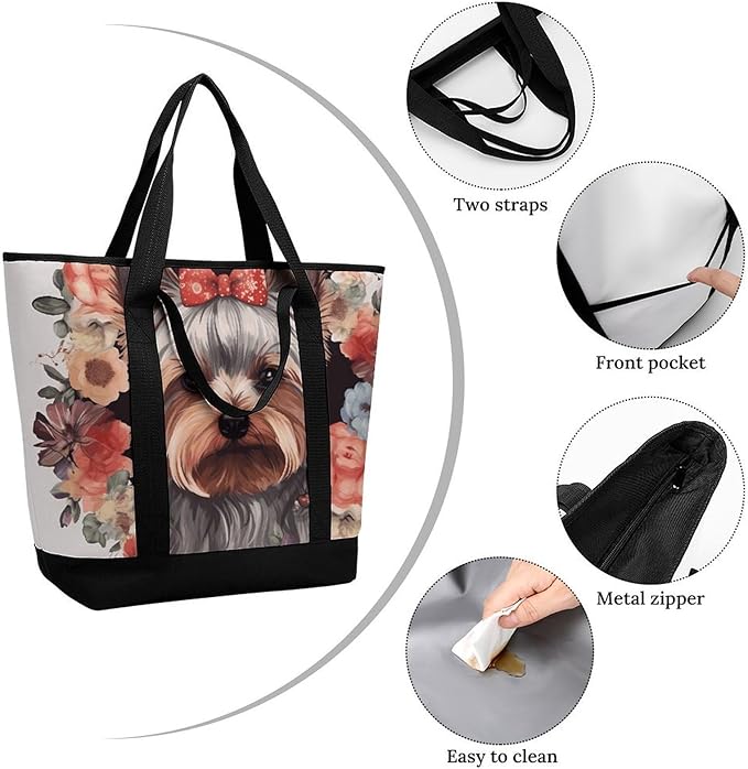 Insulated Shopping BagLarge Reusable Cooler Bags Yorkie Floral Printed Foldable Shopping BagTravel Waterproof Shoulder Bag