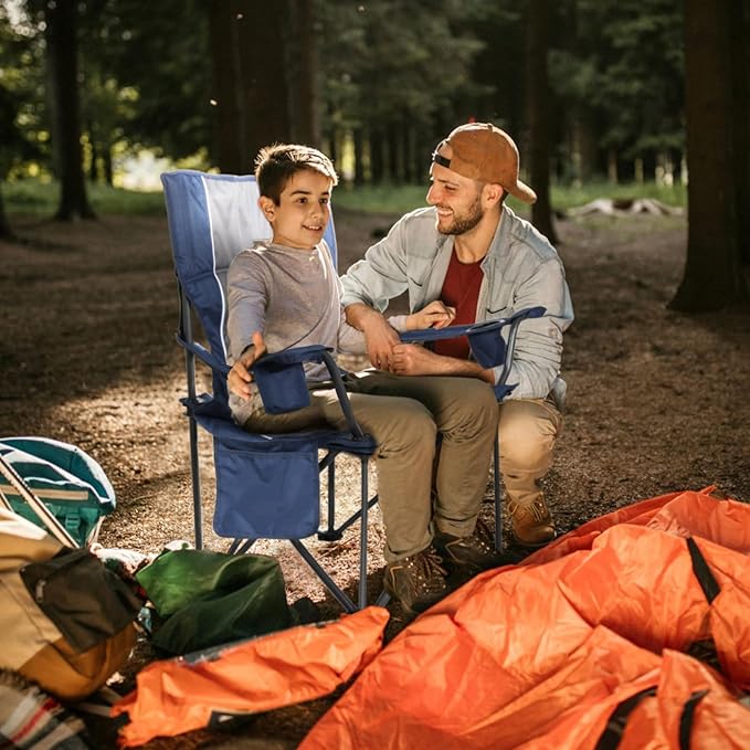 Folding Camping Chairs for Adults Padded Folding Chairs for Outside Heavy Duty with Cup Holders &amp Side Pocket Support up to 500 lbs Blue