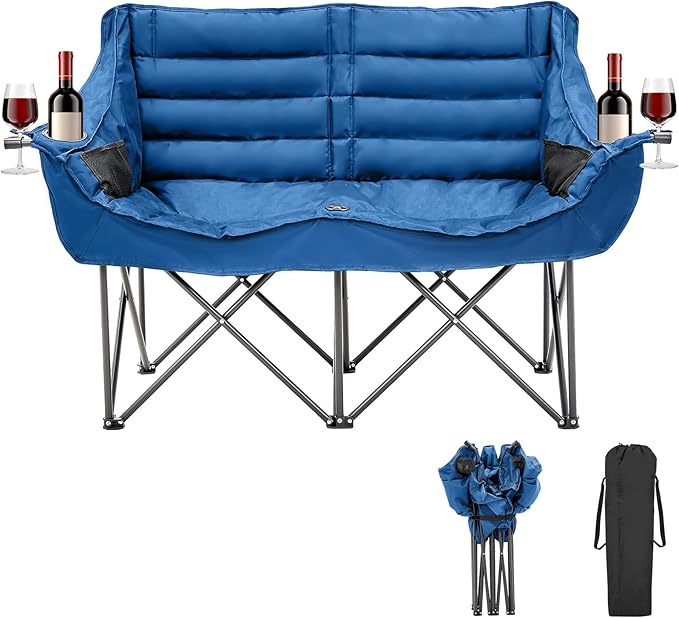 Double Camping Chair for Adults 2 Person Loveseat Camping Chair with Cup &amp Wine Glass Holder Portable Padded Double Folding Lawn Chair for Outdoor Camp Picnic Sports Support 500LBS (Blue)