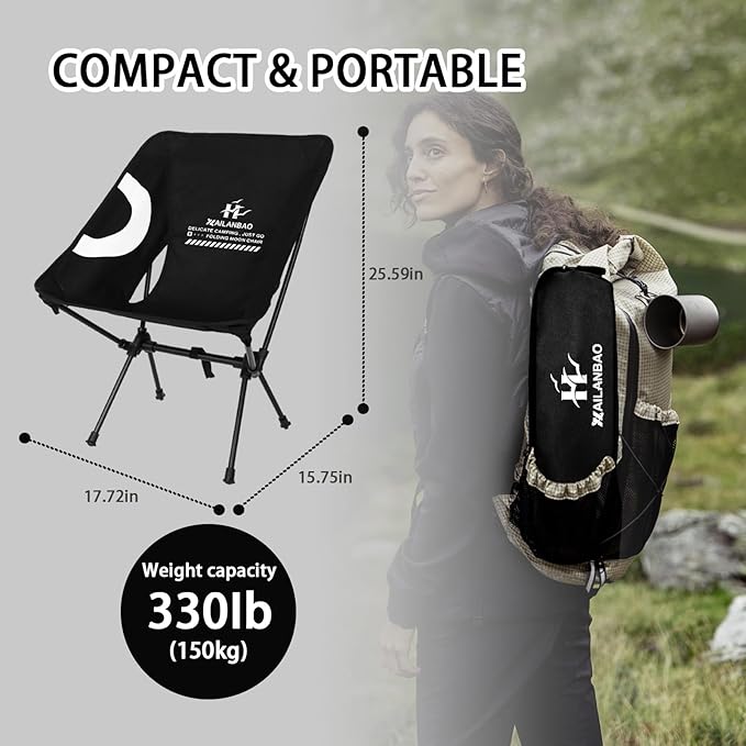 Folding Camping Chair for Adults Heavy Duty 300lbs Capacity Compact Backpacking Hiking Chair – Portable Durable Outdoor Chair with Ergonomic Support (Black)