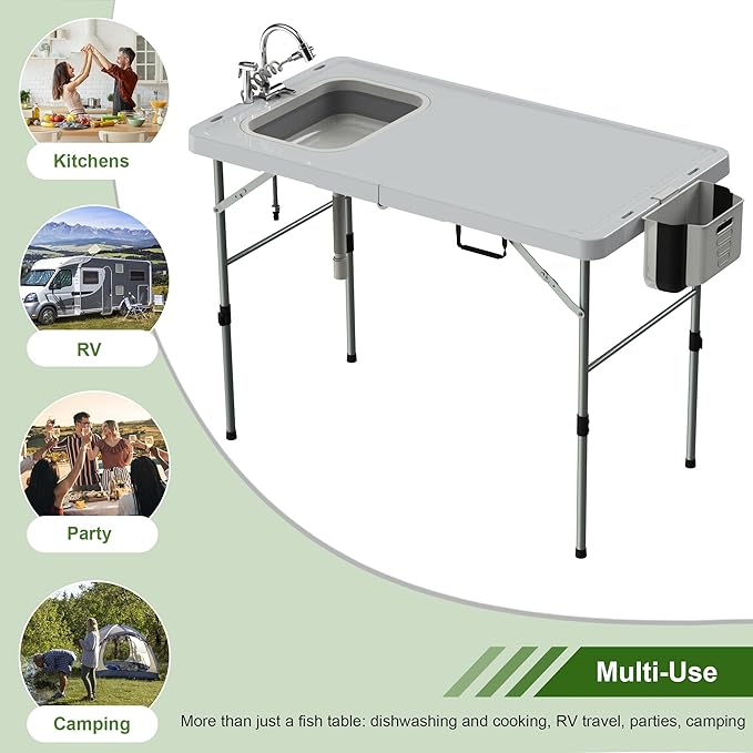 Foldable Fish Cleaning Table Portable Camping Table with Sink &amp Measurement Markers with Faucet &amp Spray Gun for Camping Patio Kitchen RV &amp Beach