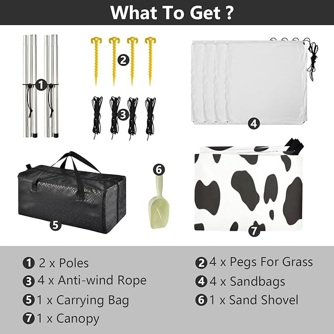 Cow Spots Pattern Beach Tent Sun Shelter 9.2' x 10.5' Beach Canopy with 4 Sandbags 4 Stability Poles Sand Shovels - Tent Canopy for Beach Camping Fishing Picnics